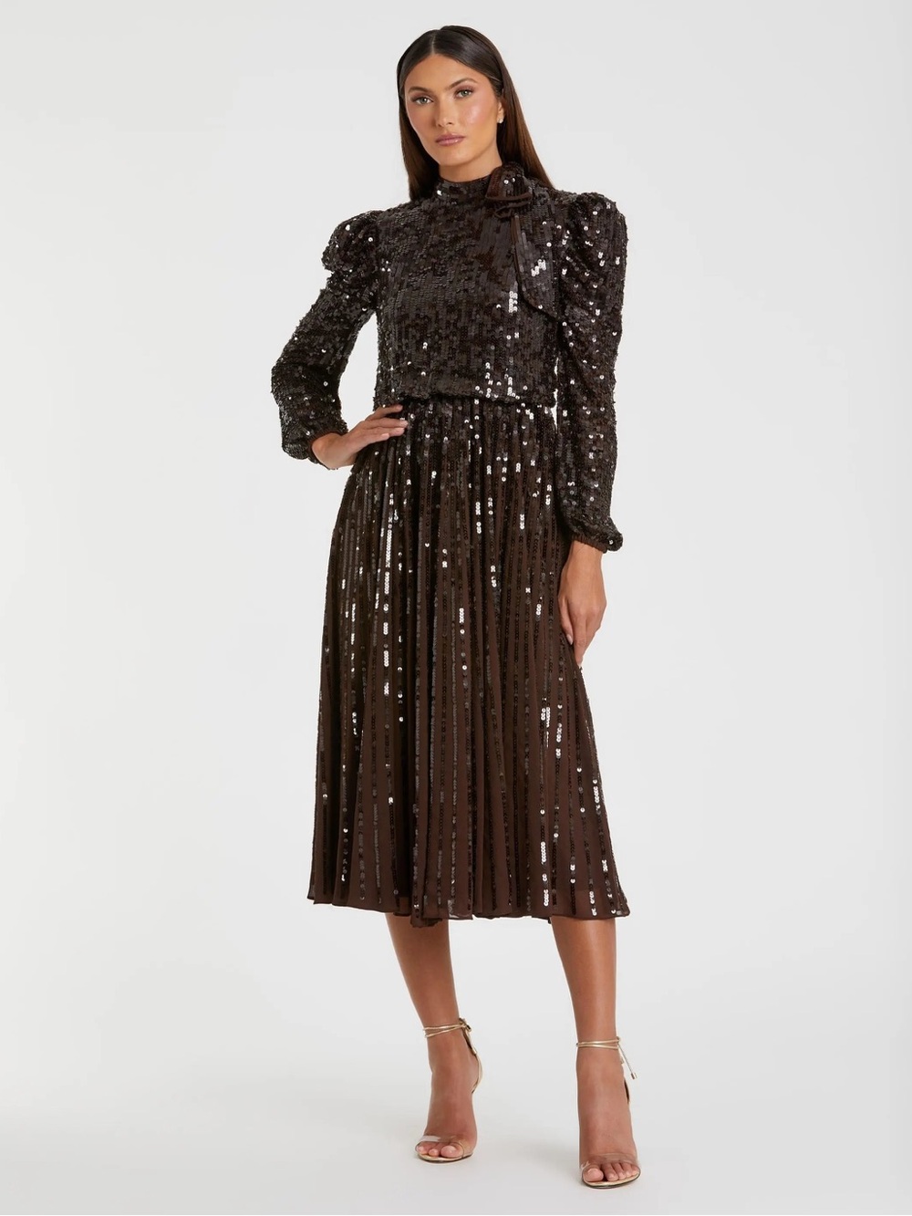 Mac Duggal Brown Long Sleeve Sequin Tea Length Dress size 8